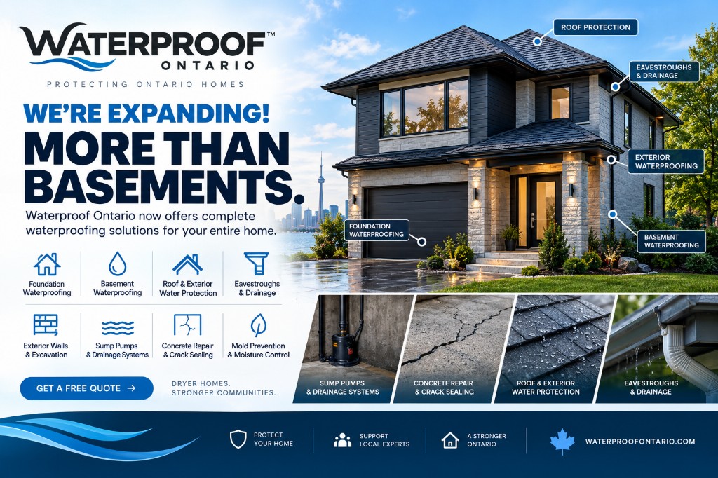 Waterproof Ontario expansion graphic showing a house with labels for roof protection, eavestroughs and drainage, exterior waterproofing, foundation waterproofing, and basement waterproofing.