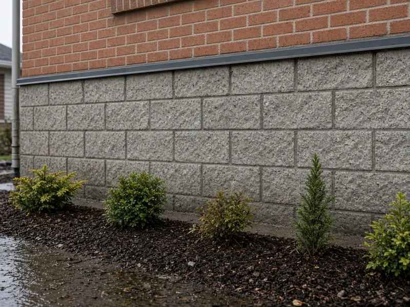 Concrete block foundation and wet soil along an Ontario house