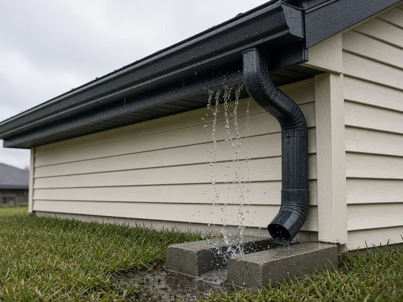 Black eavestrough and downspout discharging rainwater away from a house