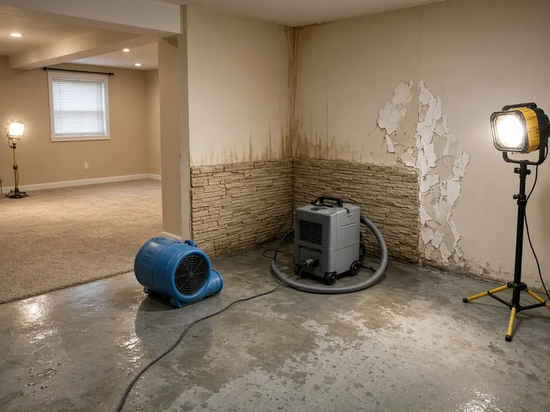 Basement drying equipment on a wet floor after water damage