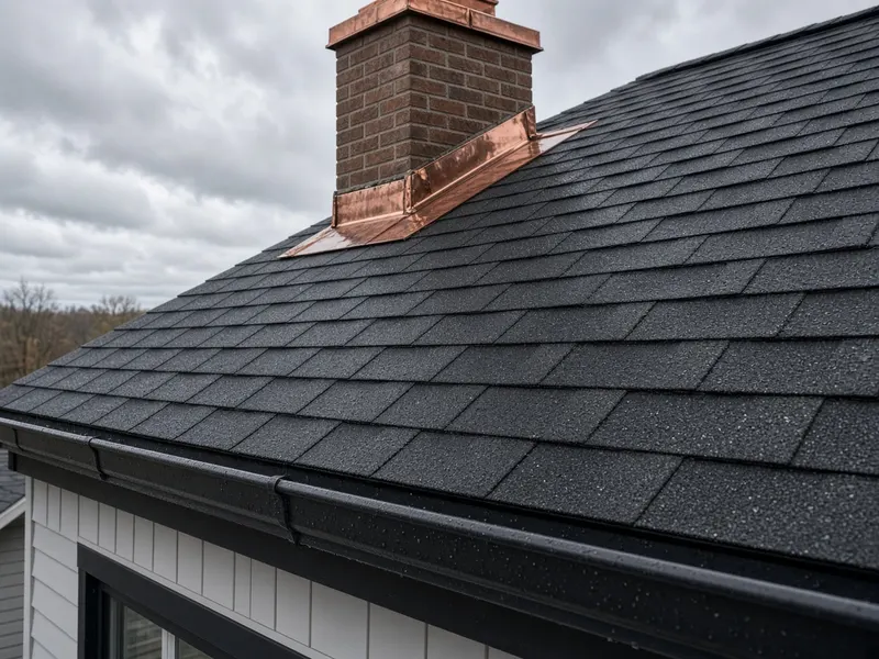 Wet asphalt shingles and flashing on an Ontario roof after rain