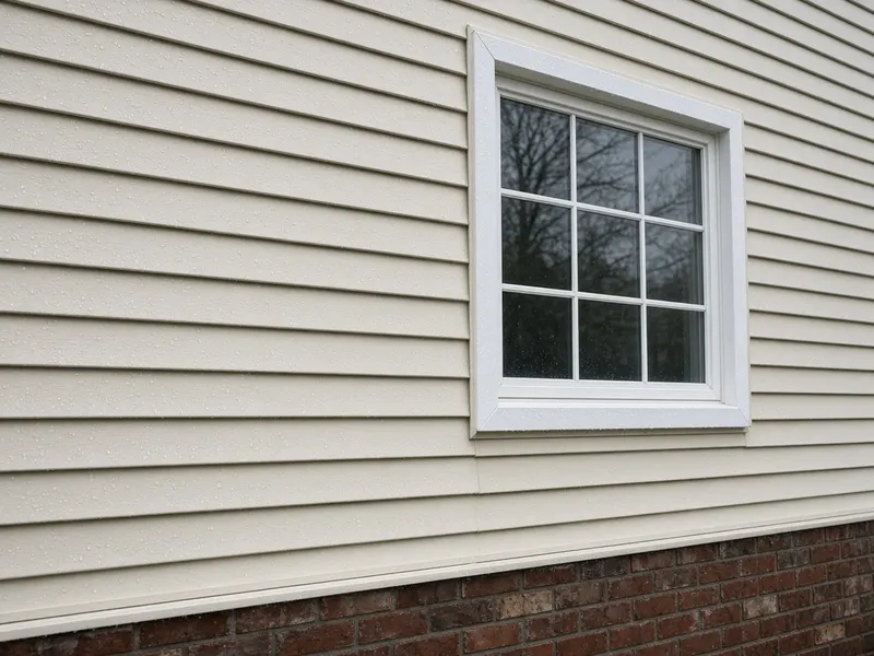 Rain-soaked vinyl siding and window trim on a suburban house